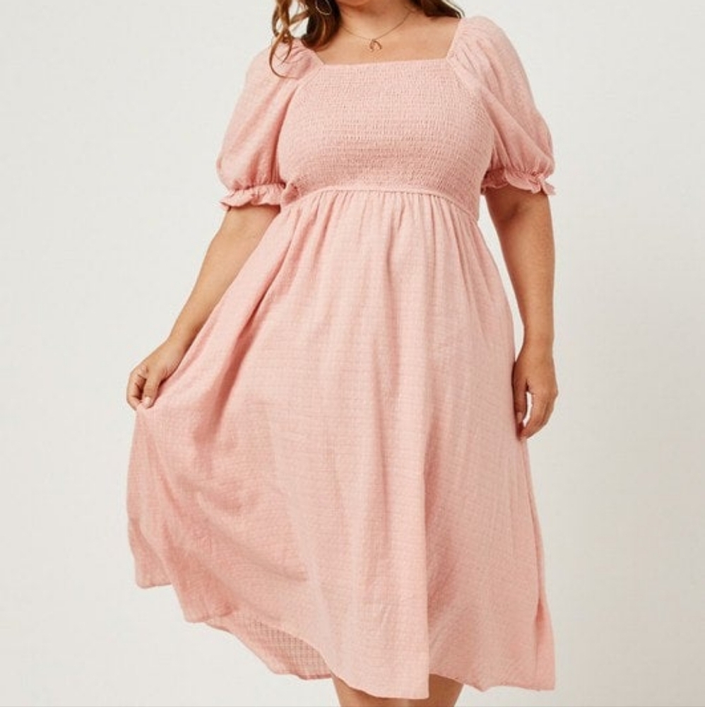 Curvy Mauve Textured Smocked Puff Sleeve Midi Dress  Midi Dress 1X